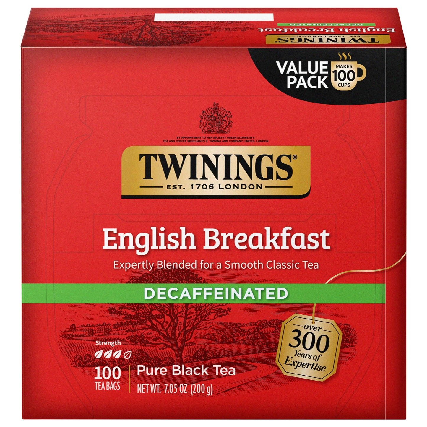 Twinings Decaffeinated English Breakfast Black Tea, 100 Individually Wrapped Tea Bags, Smooth, Flavourful Black Tea, Enjoy Hot O