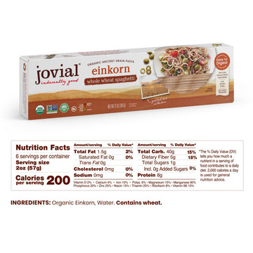 Jovial Einkorn 100% Organic Whole Grain Spaghetti - Einkorn Pasta, High Protein, Non-GMO, USDA Certified Organic, Lower Carb, De