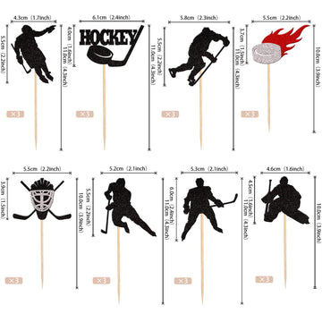 24 Pcs Hockey Cupcake Toppers Black Glitter Hockey Players Cupcake Picks Ice Hockey Sports Theme Baby Shower Kids Boys Girls Bir