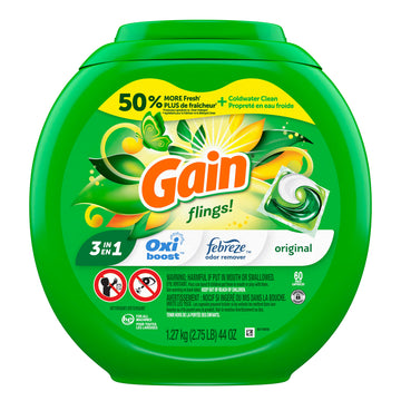 Gain Flings! Laundry Detergent Soap Pacs He Compatible 60 Ct Long Lasting Scent Original Scent