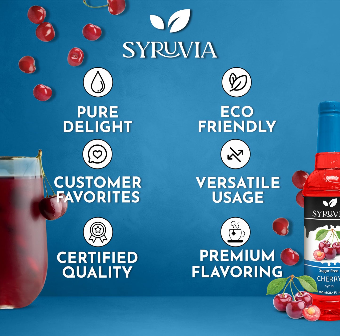 Syruvia Sugar Free Cherry Syrup With Syrup Pump Dispenser - Cherry Syrup Flavor, 25.4 Fl Oz - Perfect For Cocktails, Ice Tea, De
