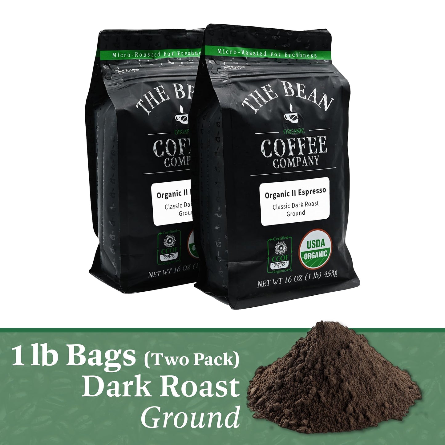 The Bean Organic Coffee Company Il Espresso, Classic Dark Roast, Ground Coffee, 16-Ounce Bags (Pack Of 2), Café Molido Tostado Orgánico