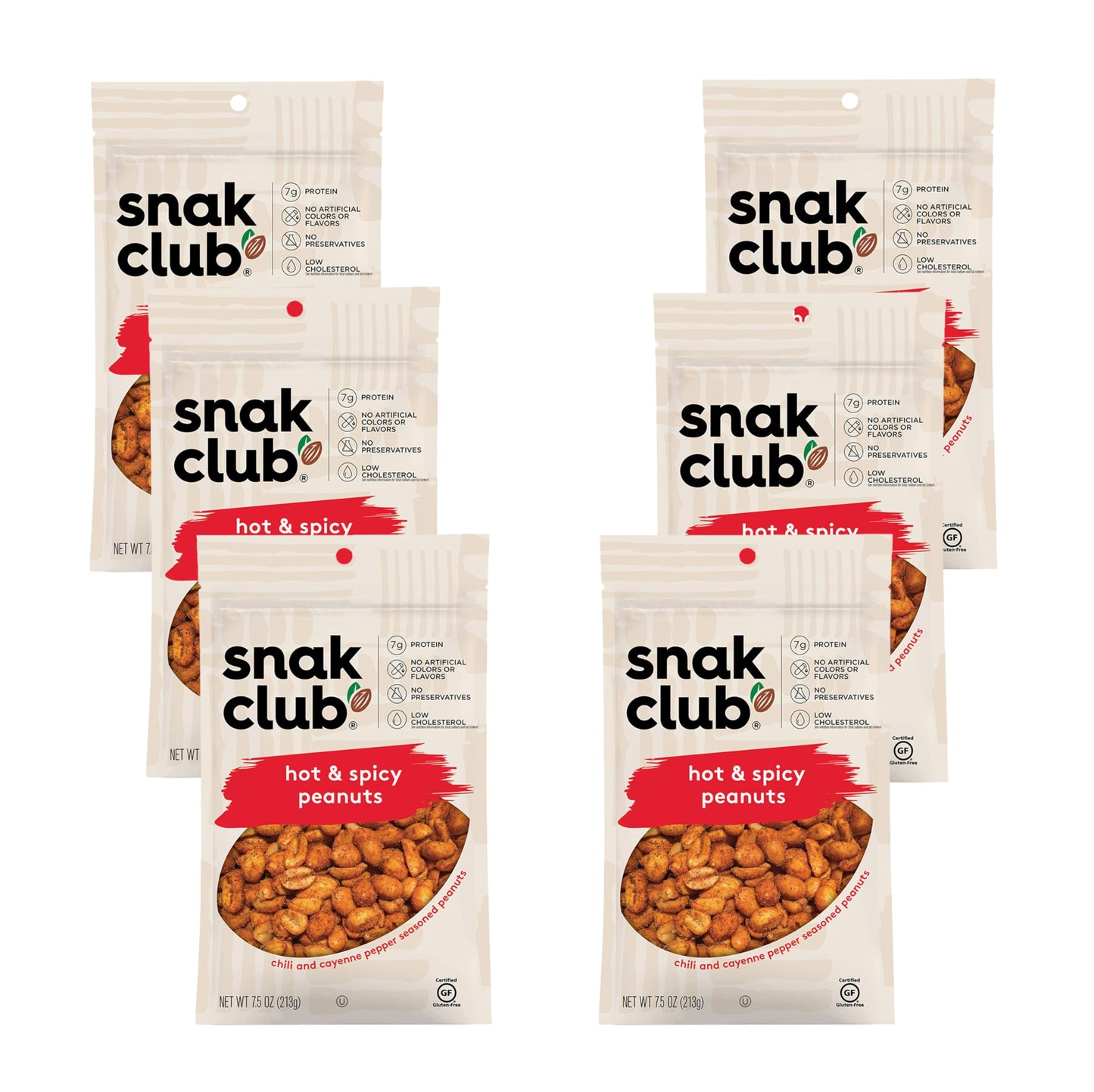 Snak Club Hot And Spicy Peanuts, Chili And Cayenne Pepper Seasoned Nuts, Gluten-Free And Kosher Snack, 7.5 Oz Resealable Bags, 6 Pack