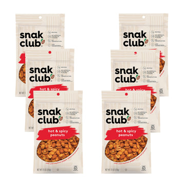 Snak Club Hot And Spicy Peanuts, Chili And Cayenne Pepper Seasoned Nuts, Gluten-Free And Kosher Snack, 7.5 Oz Resealable Bags, 6 Pack
