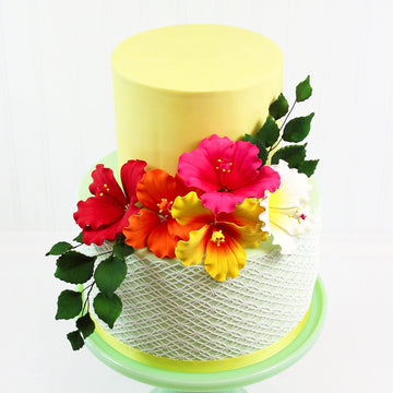 Global Sugar Art Hibiscus Sugar Cake Flowers, Assorted Colors Hawaiian Cake Flower Large, 5 Count And Leaf Sprays By Chef Alan Tetreault