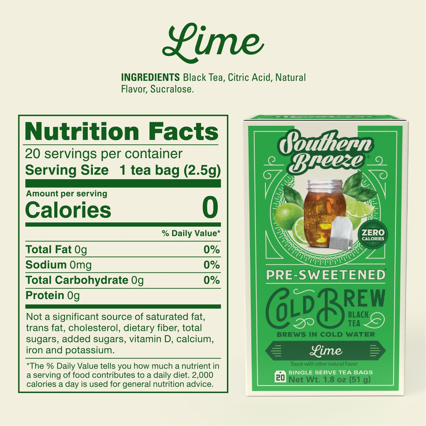 Southern Breeze Lime Cold Brew Sweet Tea Lime Iced Tea With Black Tea And Zero Carbs Zero Sugar, 20 Individually Wrapped Tea Bag