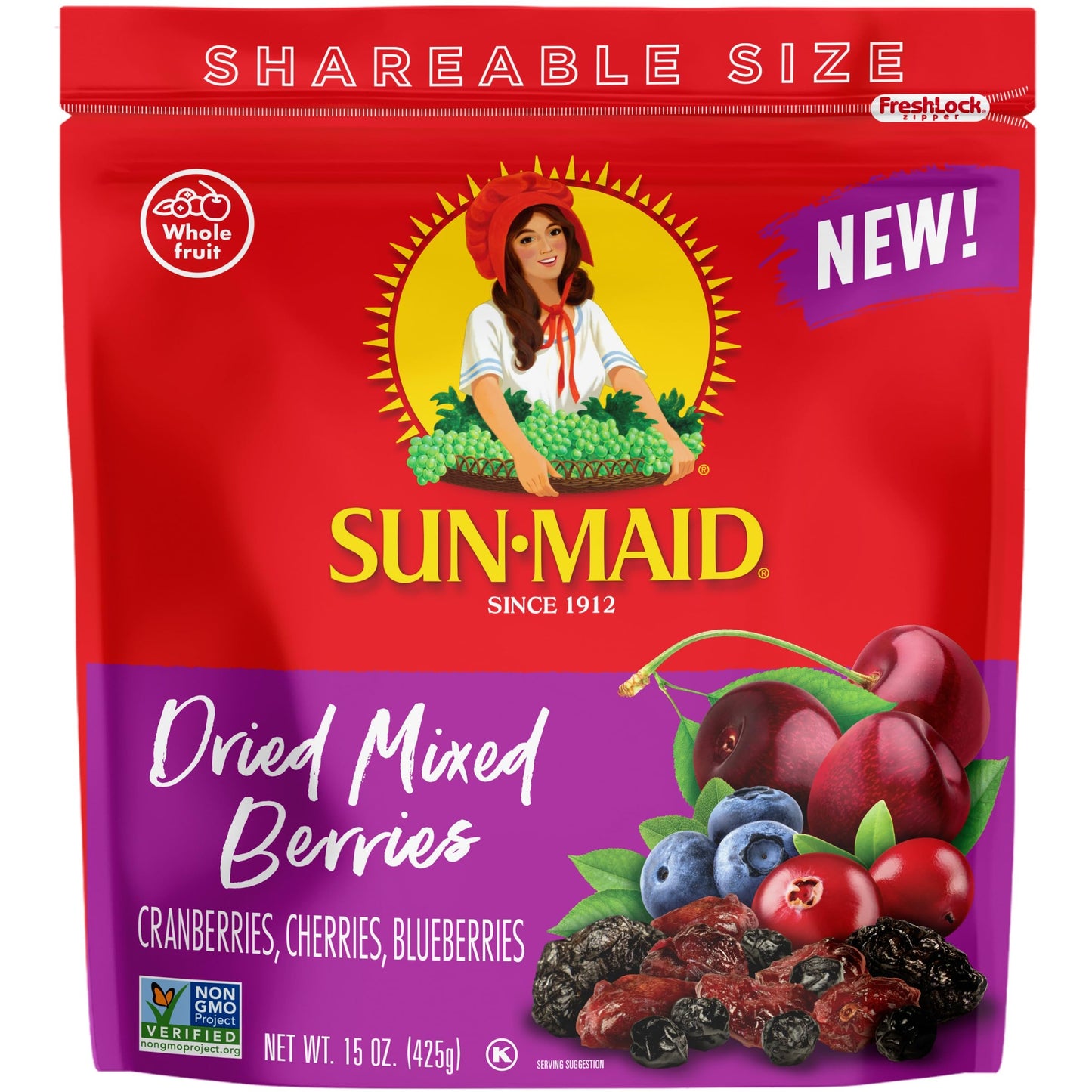 Sun-Maid Dried Mixed Berries - 15 oz Resealable Bag - Dried Cranberries, Cherries, Blueberries - Dried Fruit for School Snacks a