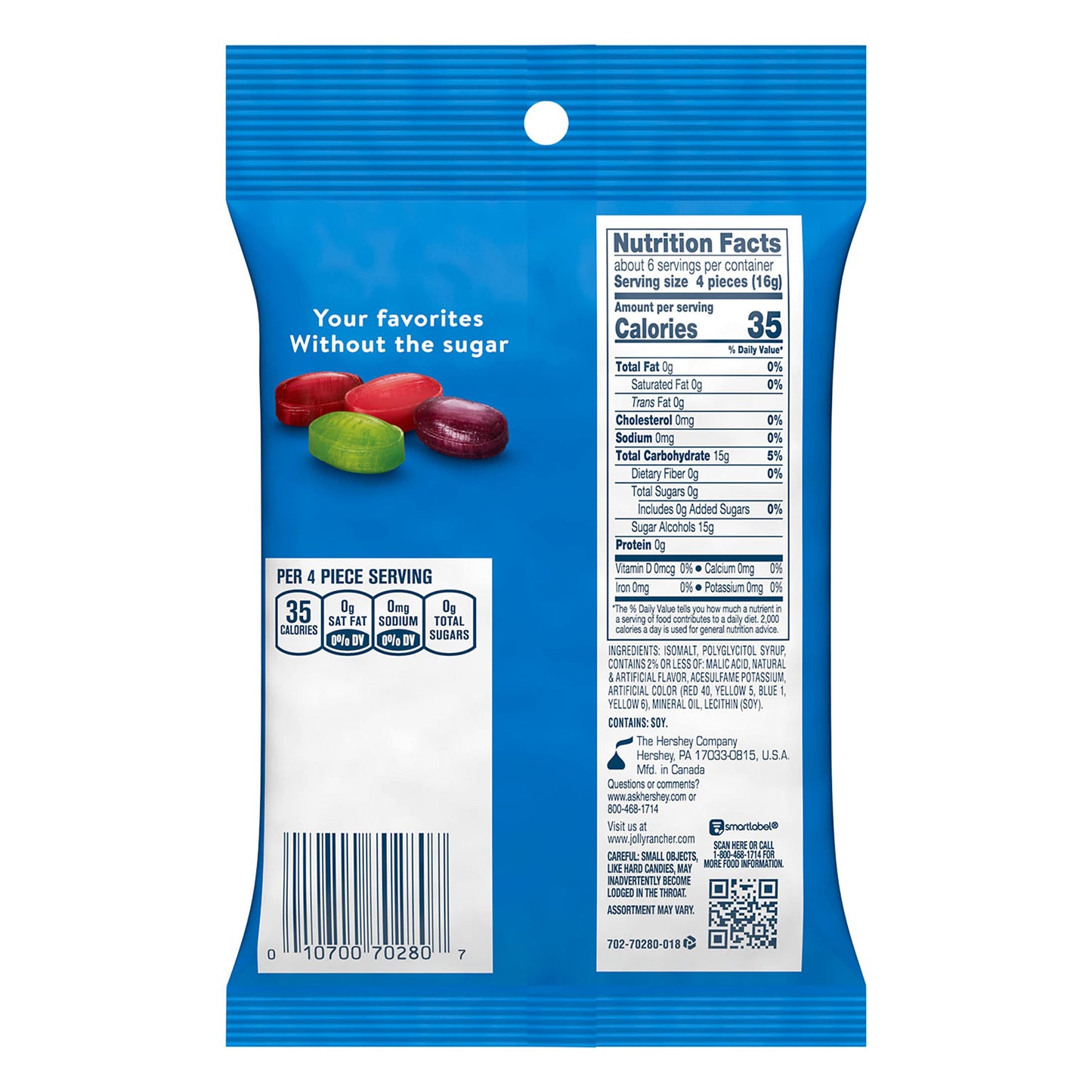 Jolly Rancher Zero Sugar Assorted Fruit Flavored Hard Sugar Free Aspartame Free Candy Bag 3.6 Oz