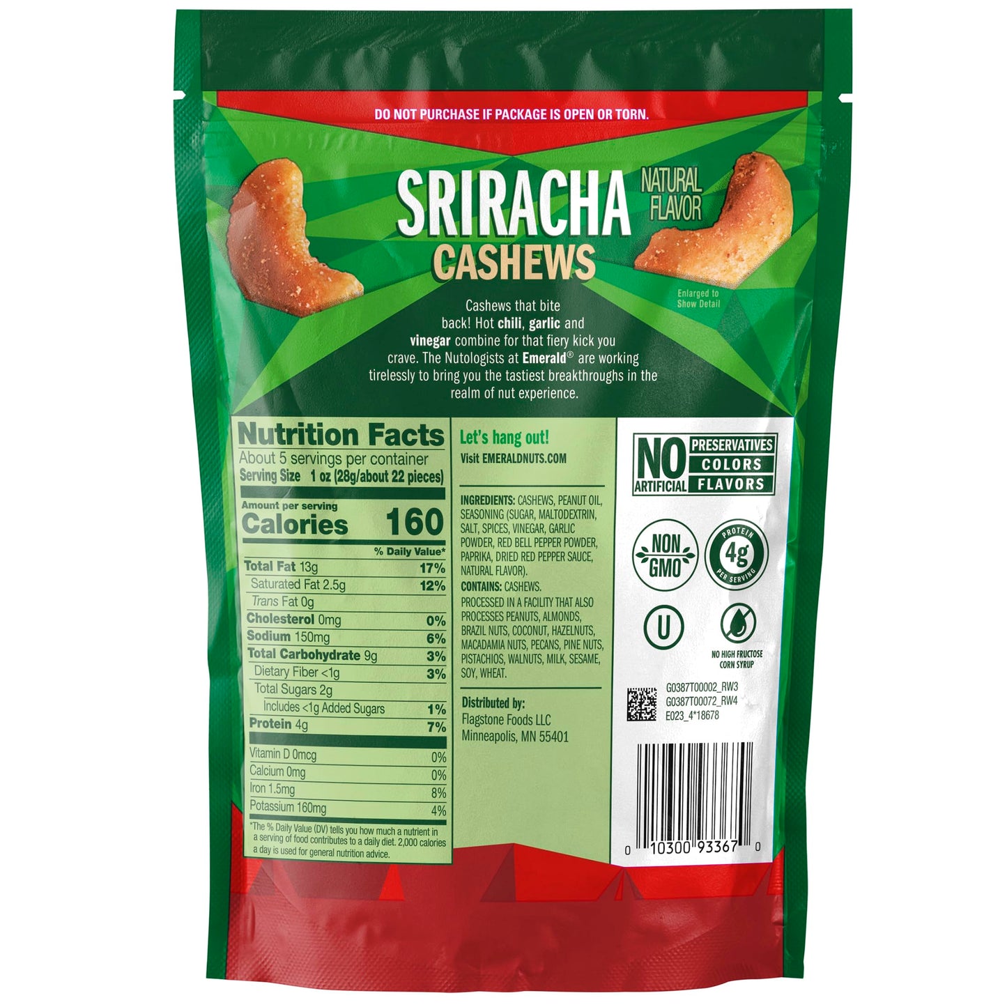 Emerald Nuts Sriracha Seasoned Cashews (1-Pack) | 5 Oz Resealable Bag | Kosher Certified, Non-Gmo, Contains No Artificial Preservatives, Flavors Or Synthetic Colors