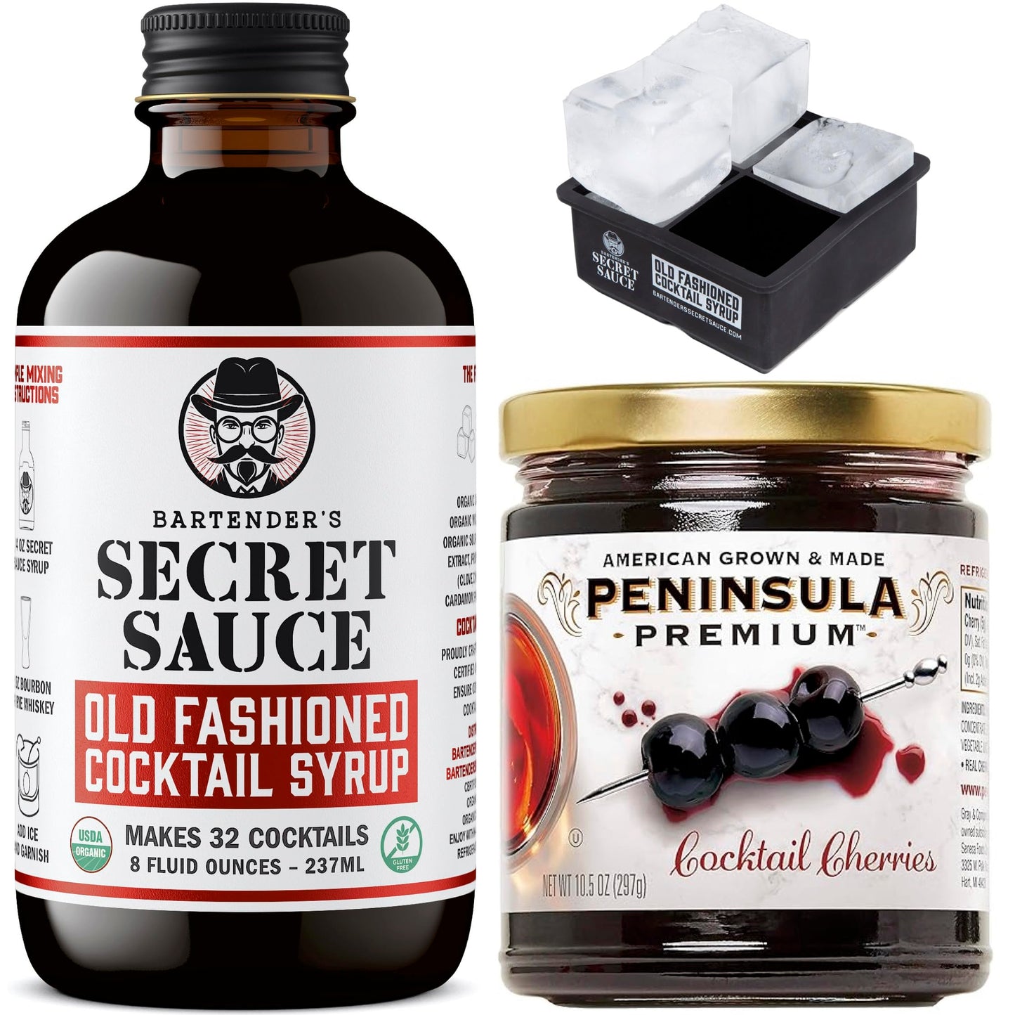 Bartenders Secret Sauce Old Fashioned Mix Bundle - 8oz Syrup, 10.5oz Cherries, Ice Mold - Makes 32 Cocktails