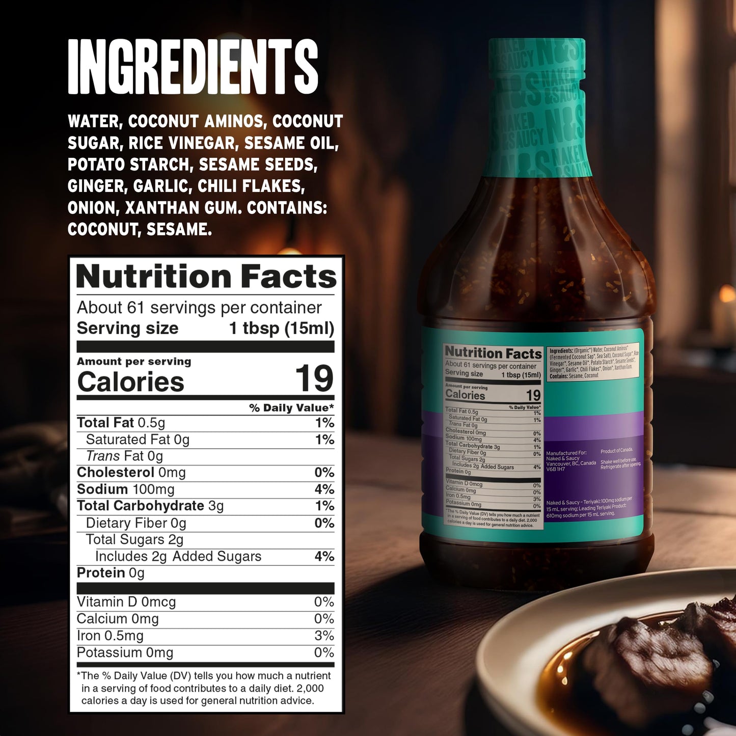 Naked & Saucy Low Sugar Teriyaki Sesame Ginger Sauce And Dressing, Gluten-Free, Soy-Free, Vegan, Paleo, 31 Fl Oz