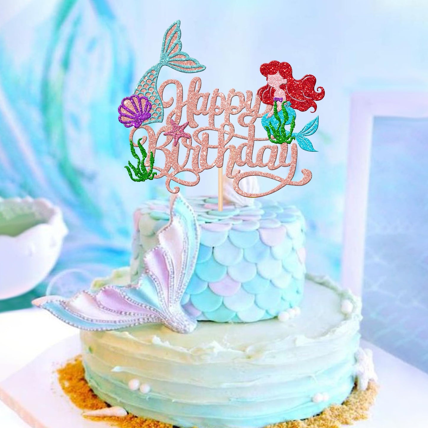 ZHUOWEISM Mermaid Cake Topper, Rose Gold Cardstock Decoration for Under the Sea Theme Birthday Party, 1 PCS