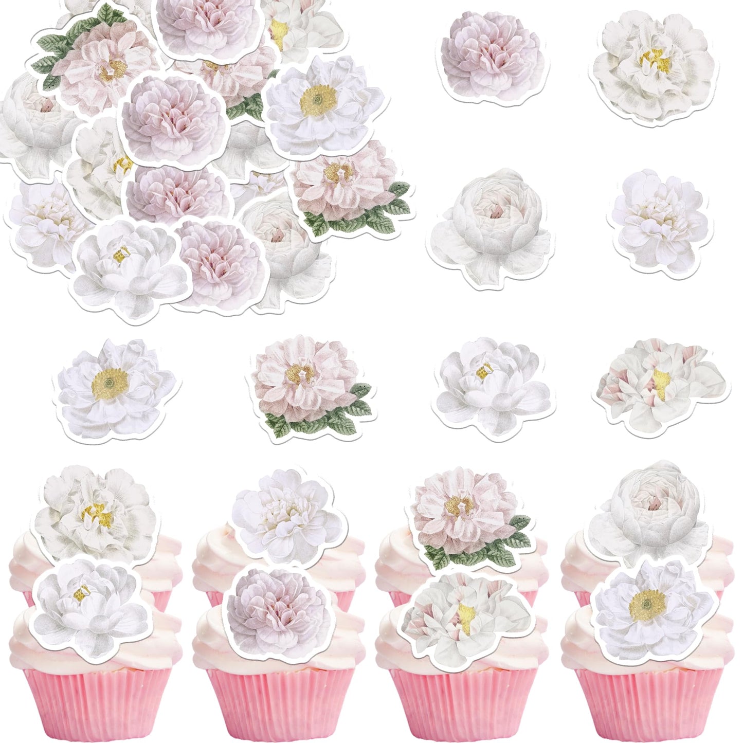 Fyeoxle 48Pcs Edible Rose Flowers Cupcake Toppers Edible White Rose Flowers Cupcake Decor Wafer Paper Wedding Flowers Cupcake Picks For Flowers Theme Engagement Birthday Party Decor Supplies