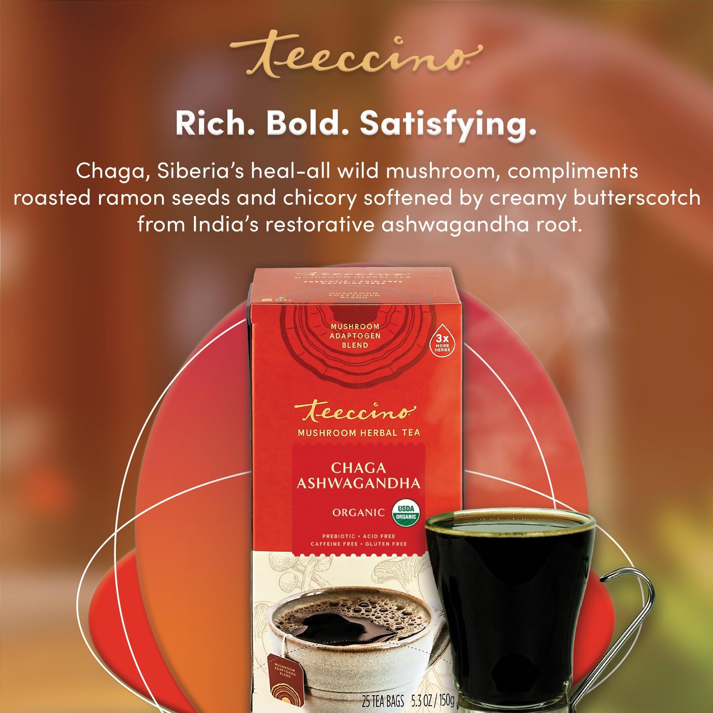 Teeccino Chaga Ashwagandha Tea - Butterscotch Cream - Organic Herbal Tea, Caffeine-Free, 25 Count, Gluten-Free