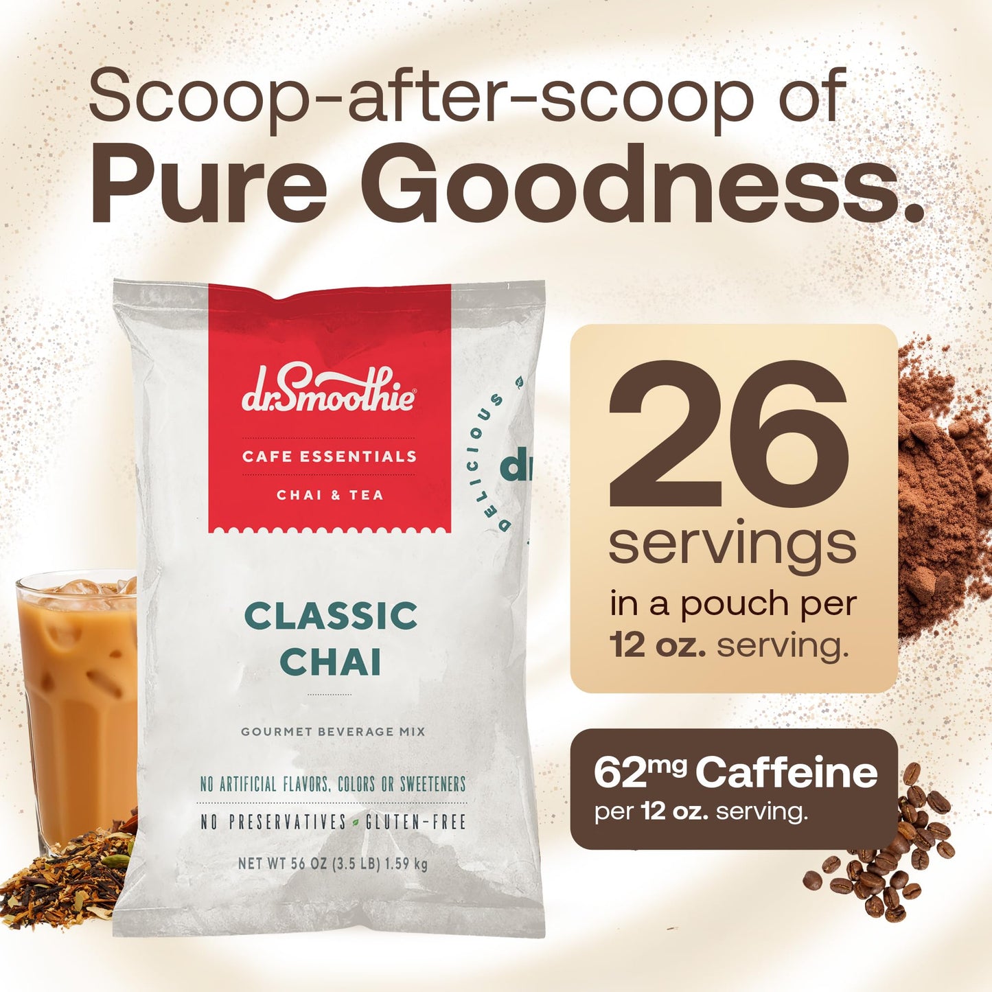 Dr. Smoothie Café Essentials Classic Chai, 62mg Caffeine, 3.5 lb Bag, No Artificial Colors or Flavors