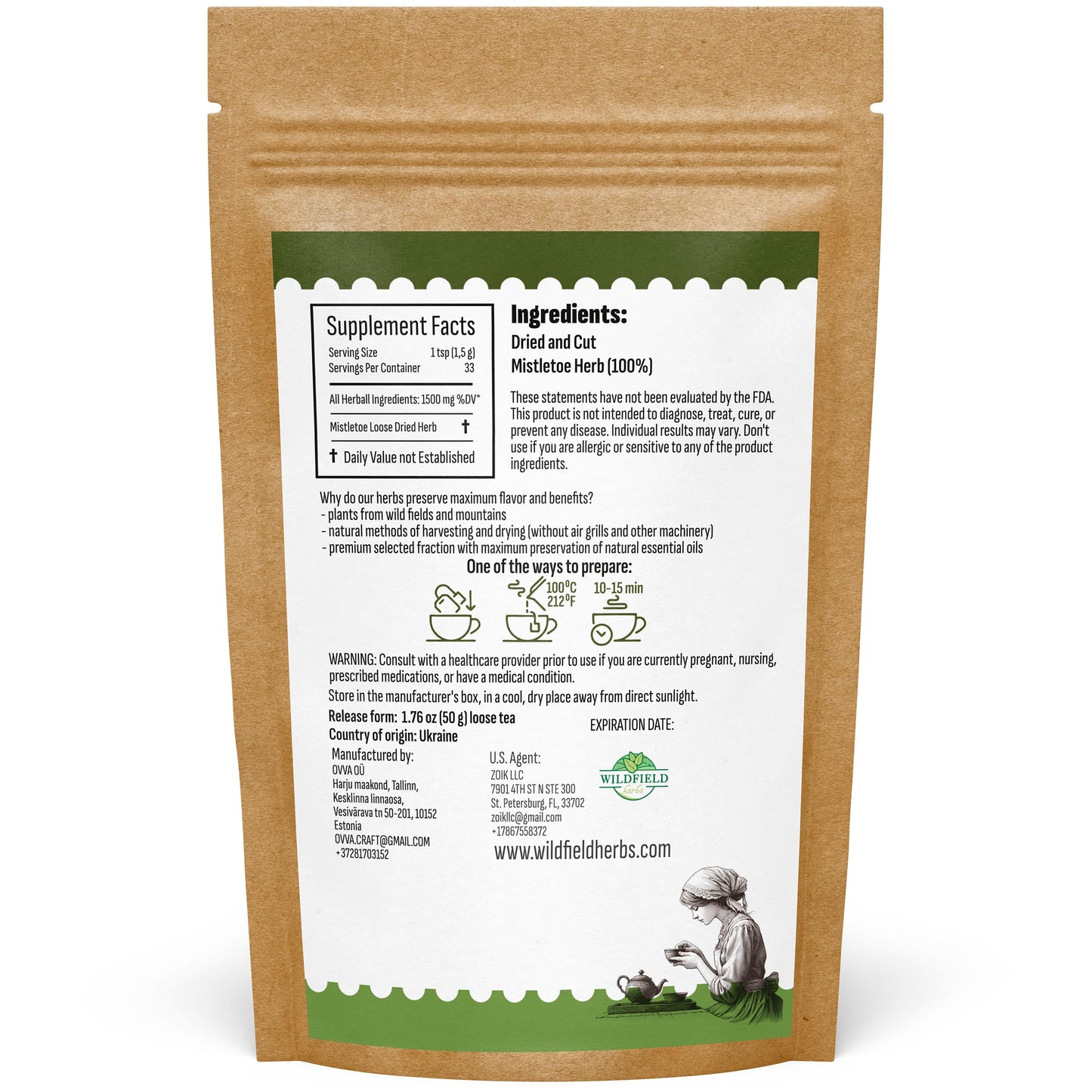 WILDFIELD HERBS Dried Mistletoe Herb Tea - 1.8 oz (50g) Herbal Tea Muerdago