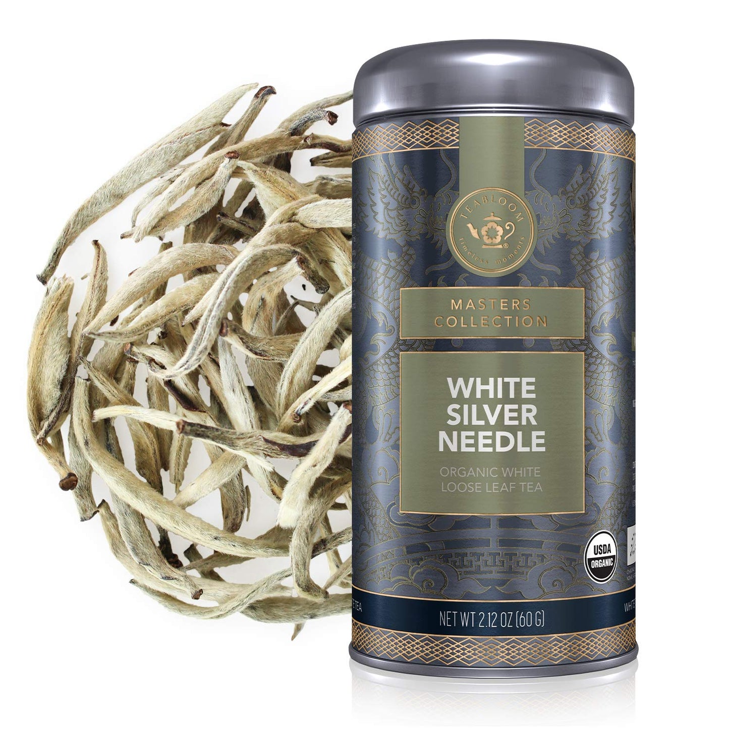 Teabloom Organic White Silver Needle Loose Leaf Tea, Rare USDA Organic White Tea With Delicate Honeysuckle Notes, 2.12 oz/60 g C