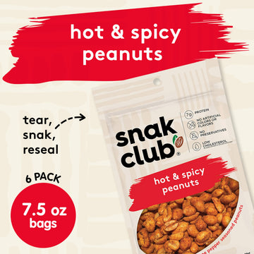 Snak Club Hot and Spicy Peanuts, Chili and Cayenne Pepper Seasoned Nuts, Gluten-Free and Kosher Snack, 7.5 oz Resealable Bags, 6