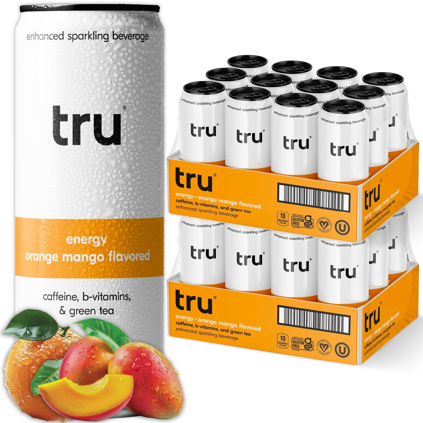 Tru Energy Seltzer Orange Mango Flavored Sparkling Water Made With Real Fruit Juice - Clean Energy Drink Plus B Vitamins - Natural Energy Blend Kosher Gf No Added Sugar Beverages 12Oz (Pack Of 24)