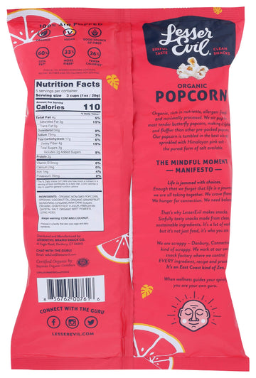 Lesserevil Organic Pink Grapefruit Popcorn, 5 Oz