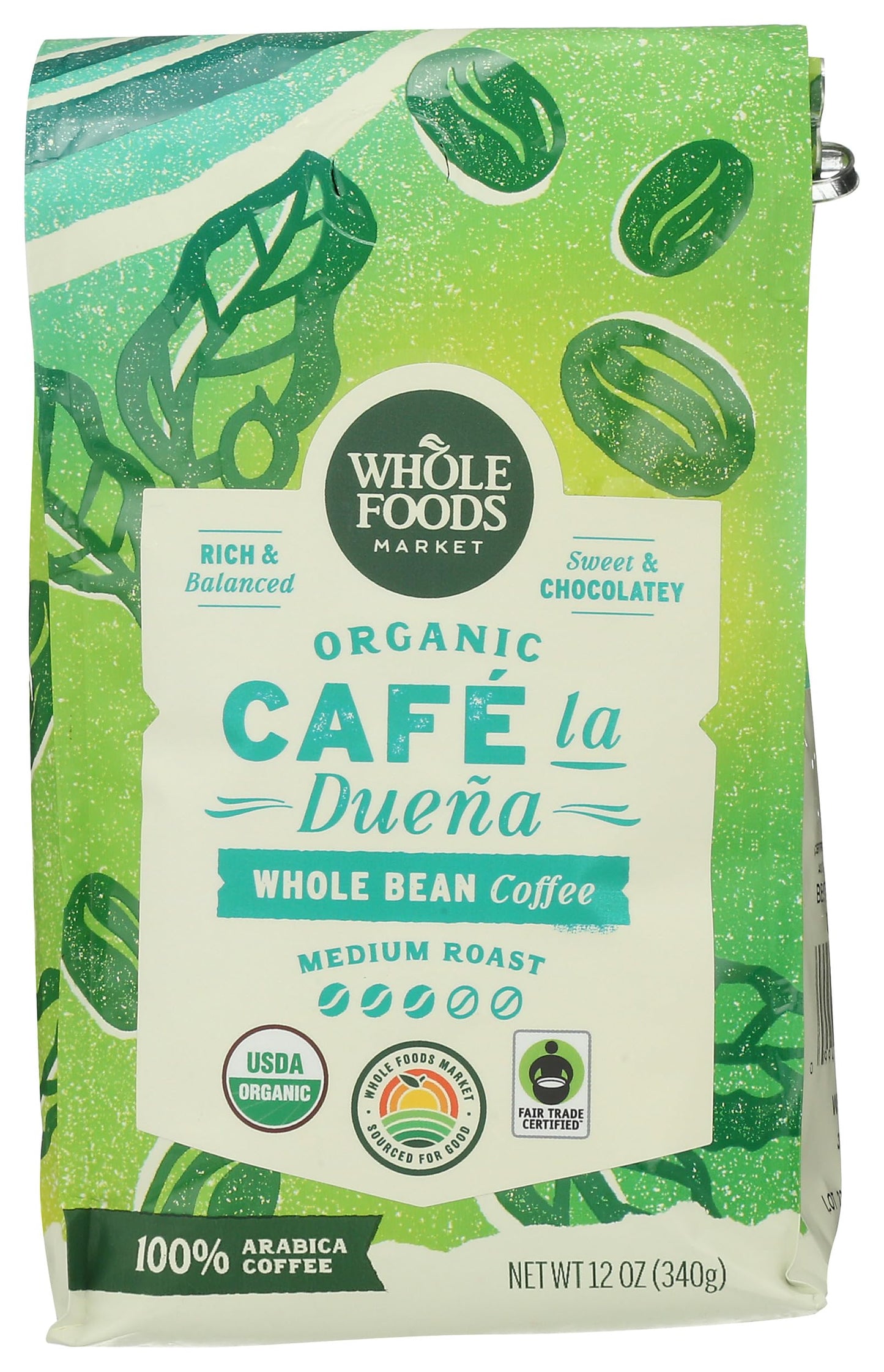 Whole Foods Market, Organic Caf   la Duena Whole Bean Coffee, Medium Roast, Rich & Balanced, Sweet & Chocolatey, 12 Ounce