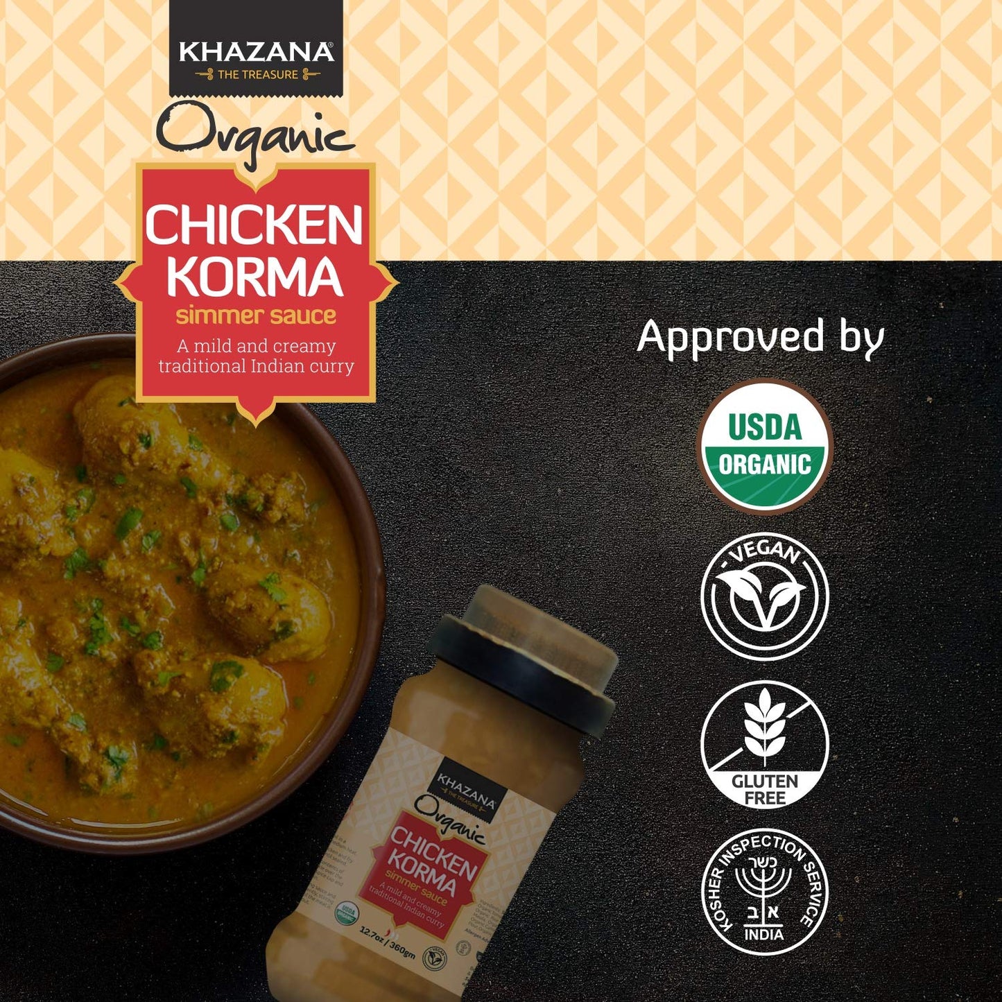 Khazana Organic Chicken Korma Indian Simmer Sauce - 6 X 12.7Oz Jars | Non-Gmo, Vegan, Gluten Free, Kosher | Authentic Indian Mea