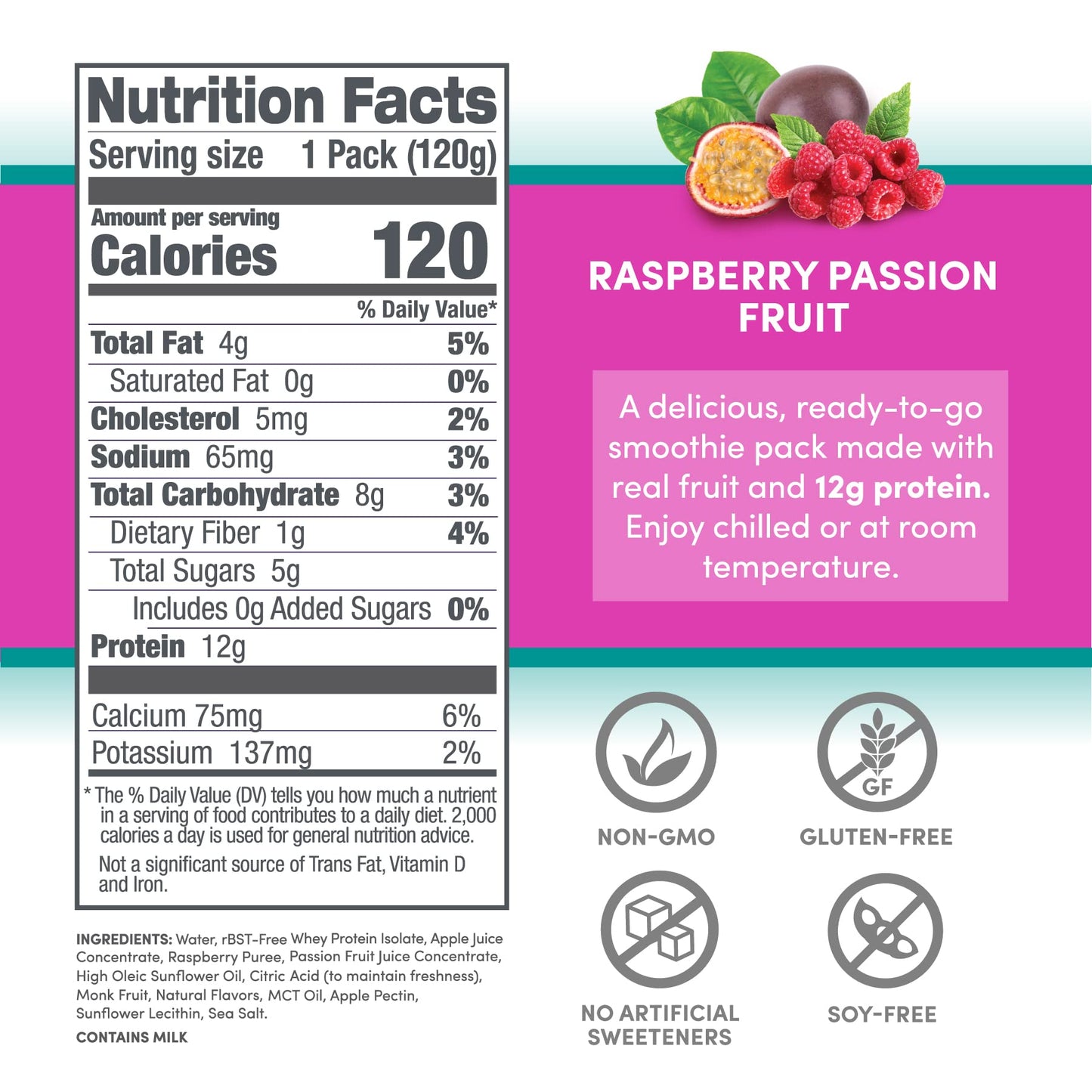 Designer Wellness Protein Smoothie, Real Fruit, 12g Protein, Low Carb, Gluten-Free, Raspberry Passion Fruit, 4.2 Fl Oz (Pack of 24)