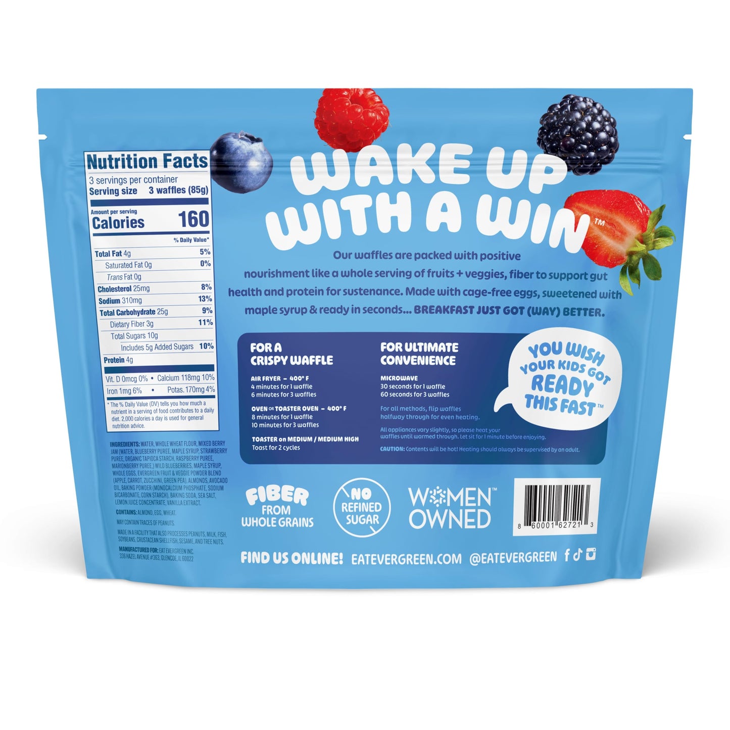 Evergreen Mixed Berry Cobbler Waffles, 100% Whole Grain, 1 Full Combined Serving of Fruits & Veggies, No Refined Sugar, Supports