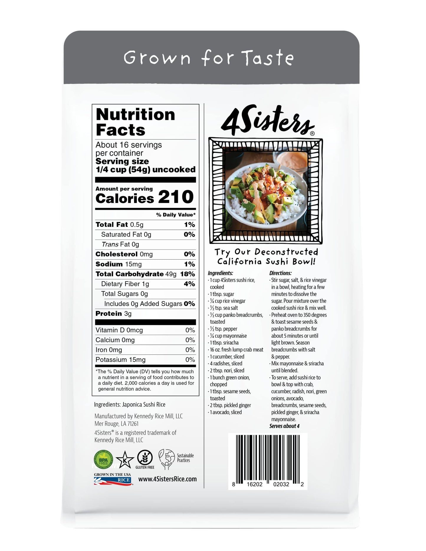 4Sisters - Authentic Short Grain Japonica Sushi Rice - Sustainably Grown - Women Owned - Farm to Table - 2lb