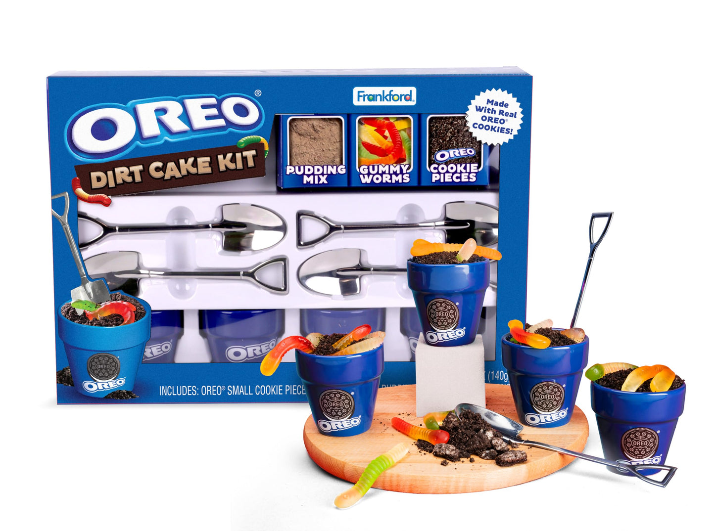 OREO Dirt Cake Kit with Real Cookie Pieces, Gummy Worms, Pudding Mix, 4 Blue Cups and Spoons, DIY Dessert Gift Set, White Elepha