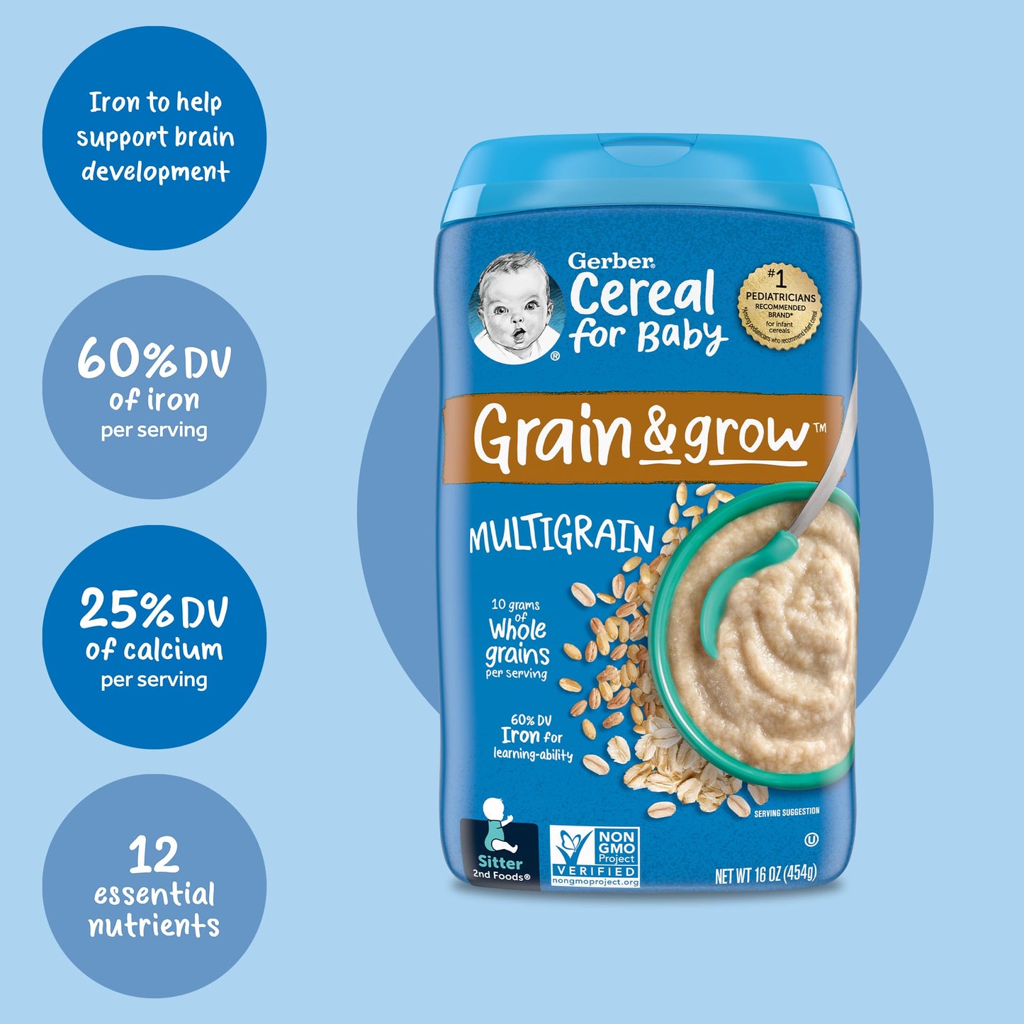 Gerber Baby Cereal 2nd Foods, Grain & Grow, Multigrain, 16 Ounce (Pack of 6)