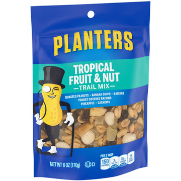 Planters Tropical Fruit & Nut Trail Mix With Roasted Peanuts (Banana Chips, Raisins, Yogurt Raisins, Pineapple & Cashews, 6 Oz Pack Of 12)