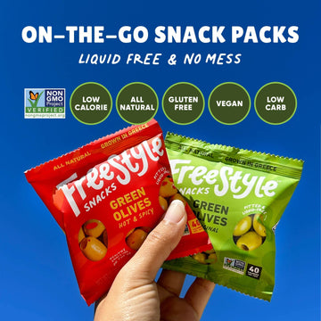 Freestyle Snacks Olive Snack Packs - Single Serve - Fresh Pitted Green Olives, Jumbo-Sized, Grown In Greece, All Natural, Non-Gm