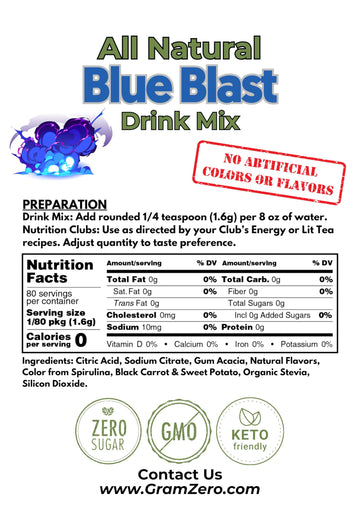 Gramzero All Natural Blue Blast Zero Calorie Sugar Free Drink Mix, Great For Nutrition Club Loaded Tea, Stevia Sweetened