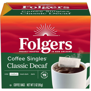 Folgers Coffee Singles Medium Roast Decaf Coffee Bags, 19 Count (Pack Of 6)