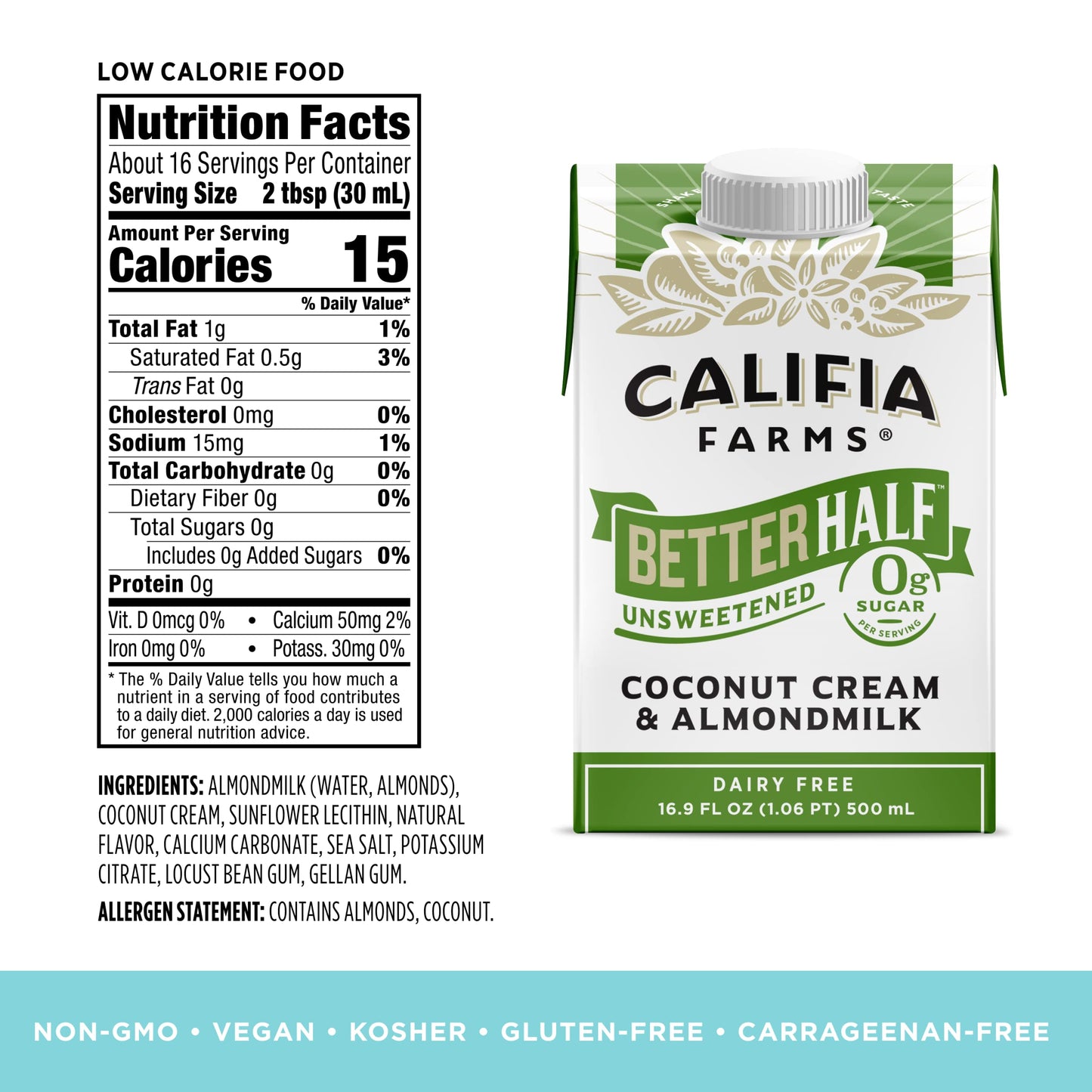 Califia Farms - Unsweetened Better Half, Half And Half Substitute, 16.9 Oz (Pack Of 6), Almond Milk, Coconut Cream, Coffee Creamer, Keto, Shelf Stable, Dairy Free, Plant Based, Vegan