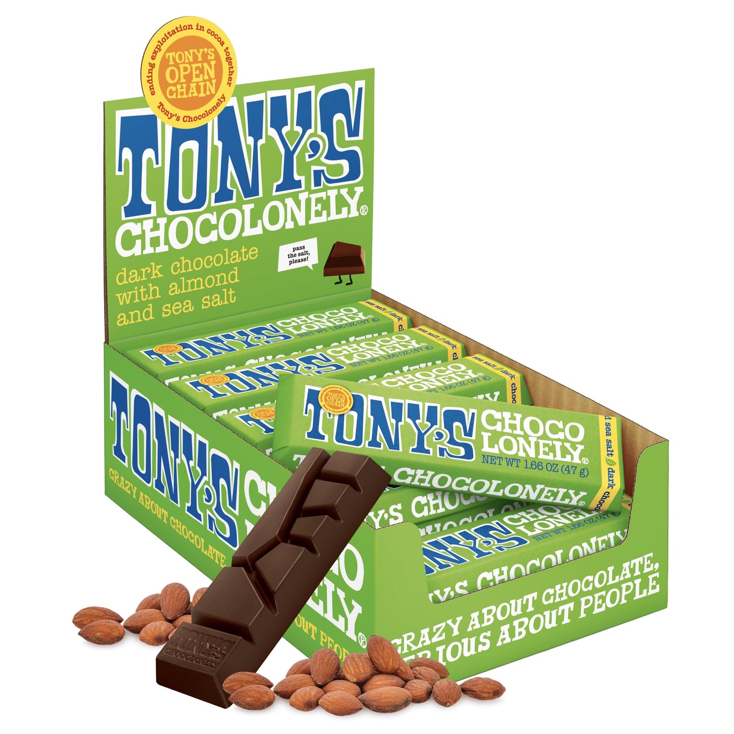 Tonys Chocolonely Belgian Dark Chocolate Candy Bar With Almonds & Sea Salt, Chocolate Bars for Snacks, Party Favors, Gifts, Vega