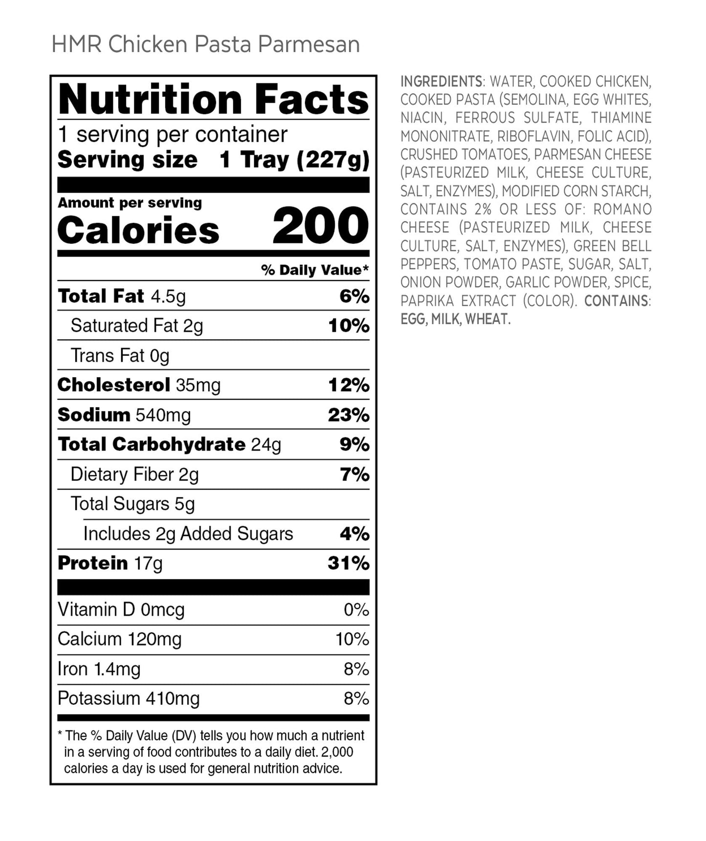 HMR Chicken Pasta Parmesan Entr e | Pre-packaged Lunch or Dinner to Support Weight Loss | Ready to Eat | 17g of Protein | Low C