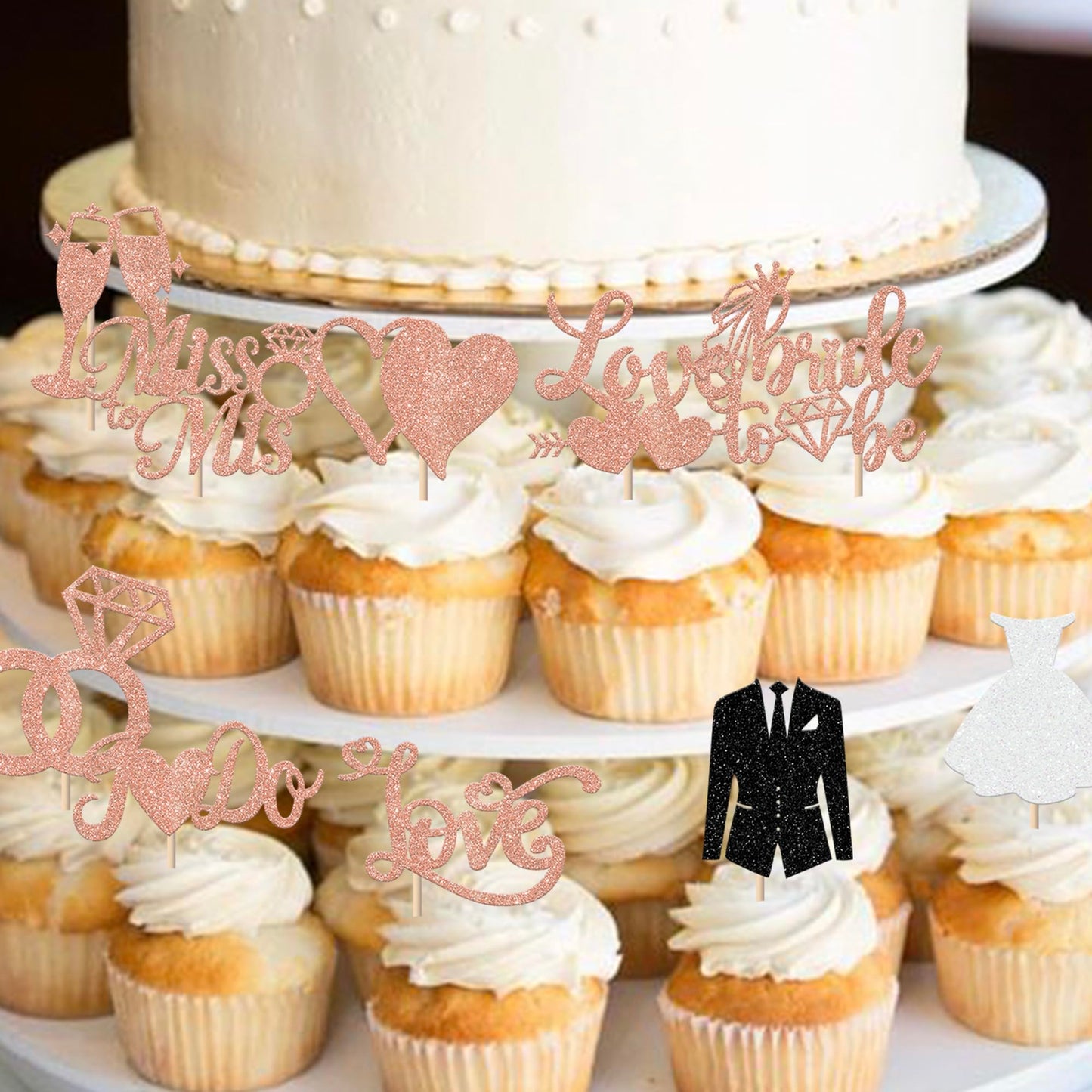 YCTHUNFISH Bride to Be Cupcake Toppers, 30 Pack, Glitter Diamond Ring Design, Rose Gold