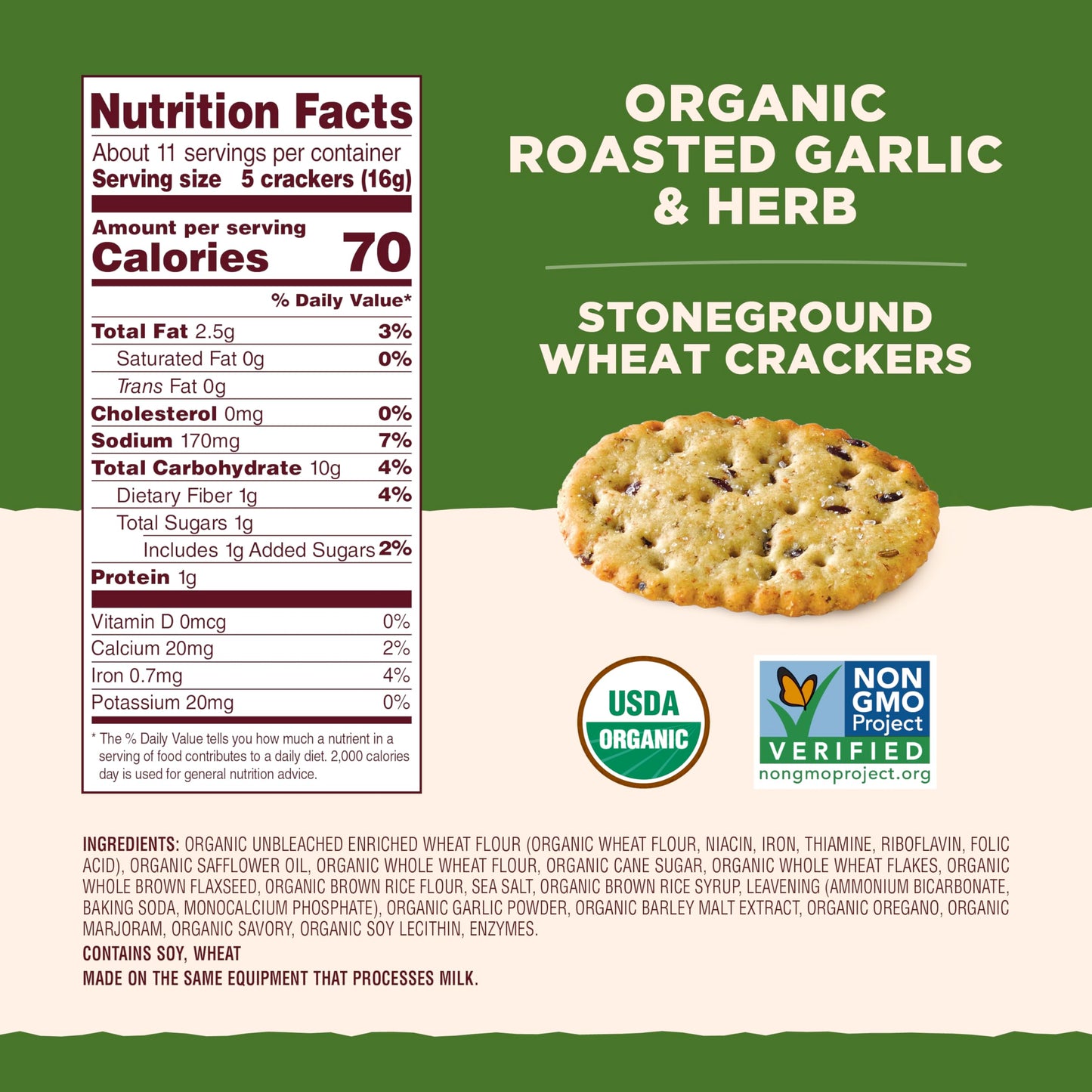 Back To Nature Organic Stoneground Wheat Crackers, Roasted Garlic & Herb - Dairy Free, Non-Gmo, Made With Whole Grains & Flax Se