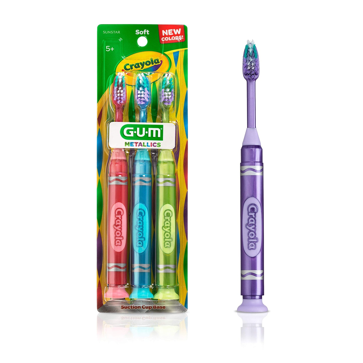 Gum Crayola Metallic Marker Childrens Toothbrush , Soft Bristled Kids Toothbrush Set Age 5+ , Suction Cup Base , 3 Count