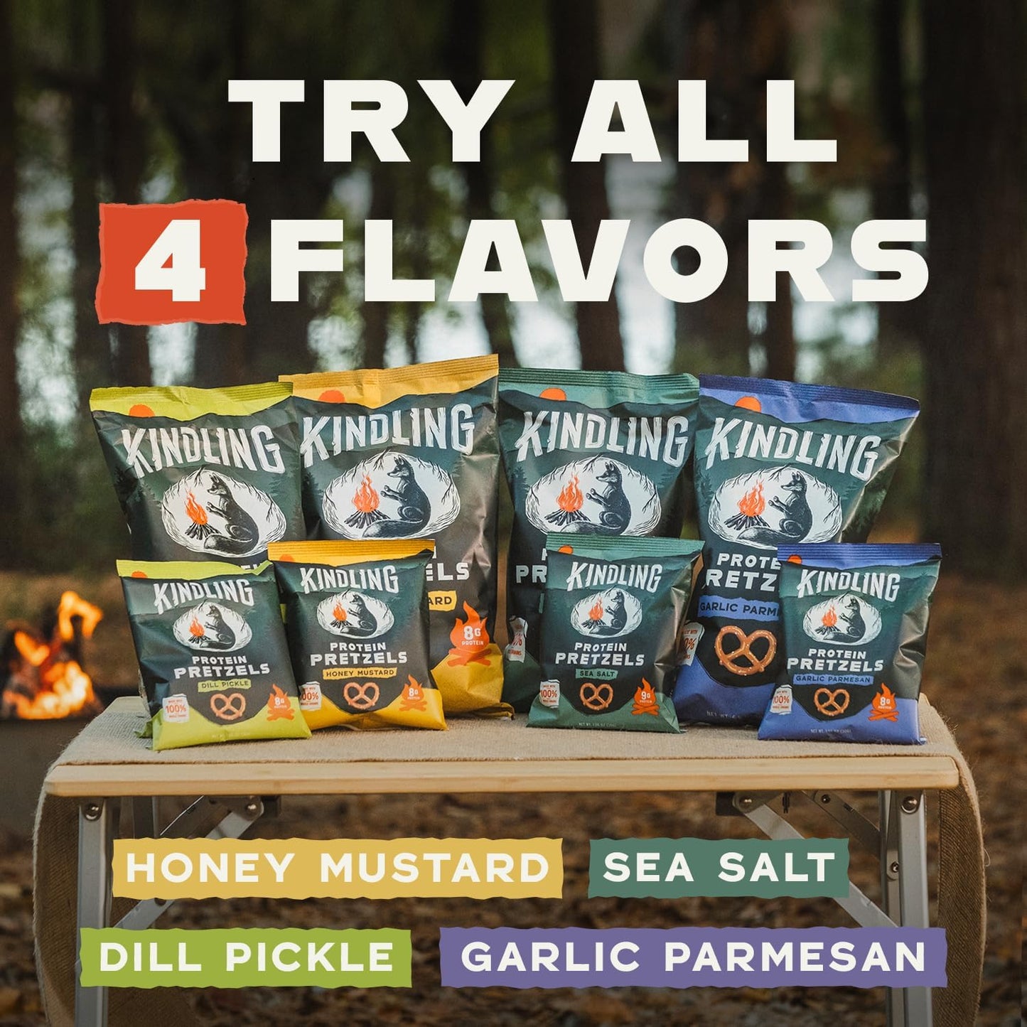 Kindling Protein Pretzels Variety Pack - Sea Salt (1), Dill Pickle (1), Honey Mustard (1), Garlic Parmesan (1) | Protein-Packed