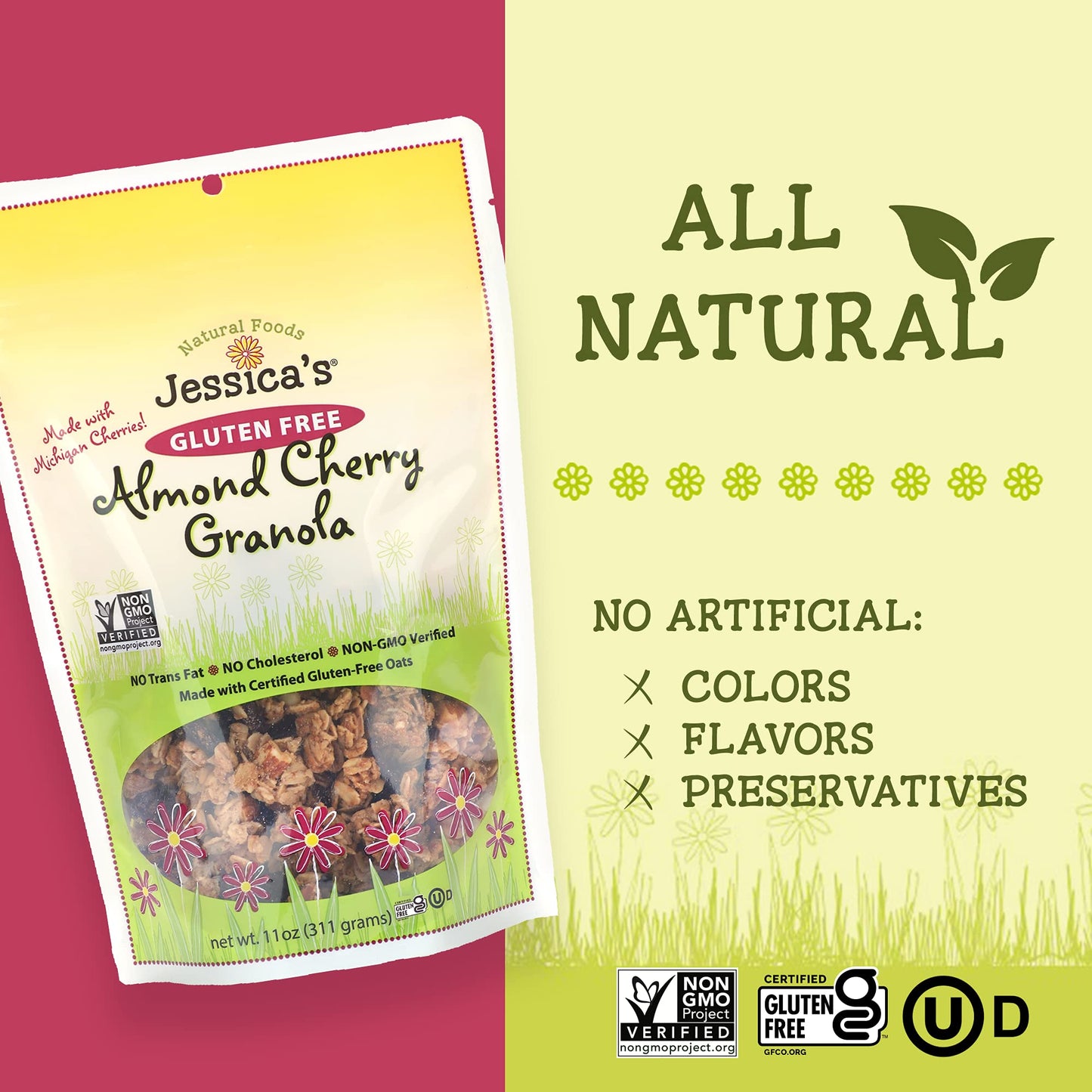 Jessicas Natural Foods - Gluten-Free Almond Cherry Granola made with dried Michigan cherries and toasted almonds, Non-GMO, no ar