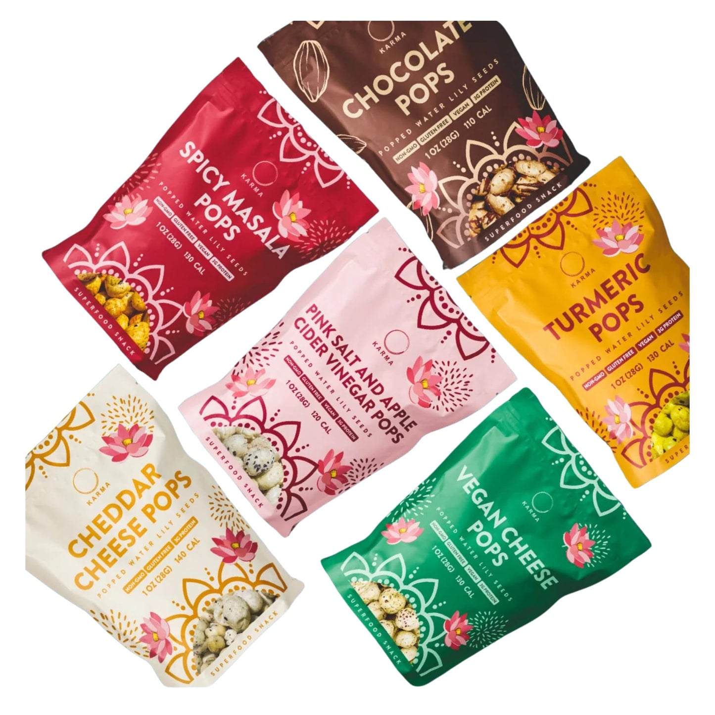 Karma Pops Variety Pack - 3G Protein Gluten-Free Vegan Non-Gmo - Turmeric Chocolate Cheddar Masala Popped Water Lily Seeds - 1 Oz (Pack Of 6)
