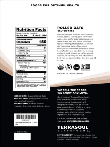 Terrasoul Superfoods Organic Rolled Oats, 5 lbs - Gluten-Free | Old-Fashioned | Whole Grain