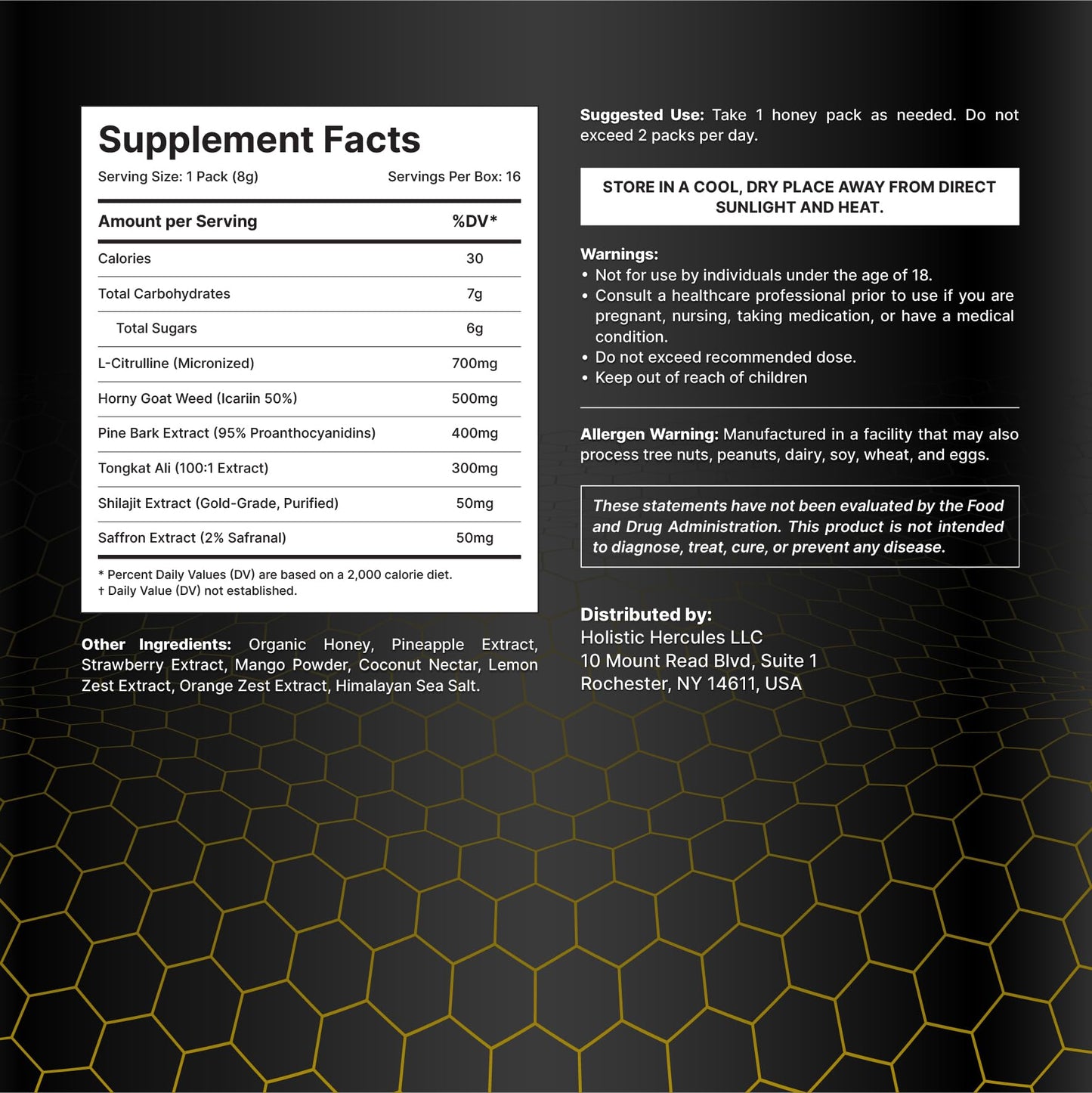 Holistic Hercules Herbal & Fruit Infused Honey Blend with Shilajit, Tongkat Ali & Saffron | 16 Count