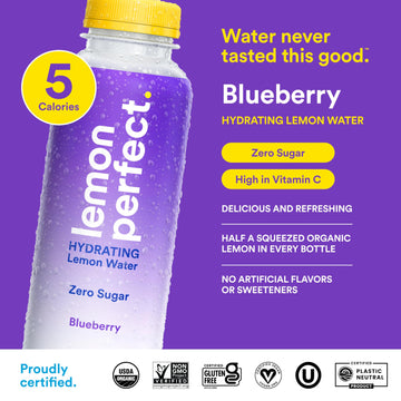 Lemon Perfect Blueberry, Hydrating Flavored Lemon Water, Zero Sugar, Delicious And Refreshing, Organic, 15.2 Fl Oz Bottles (12-Pack)