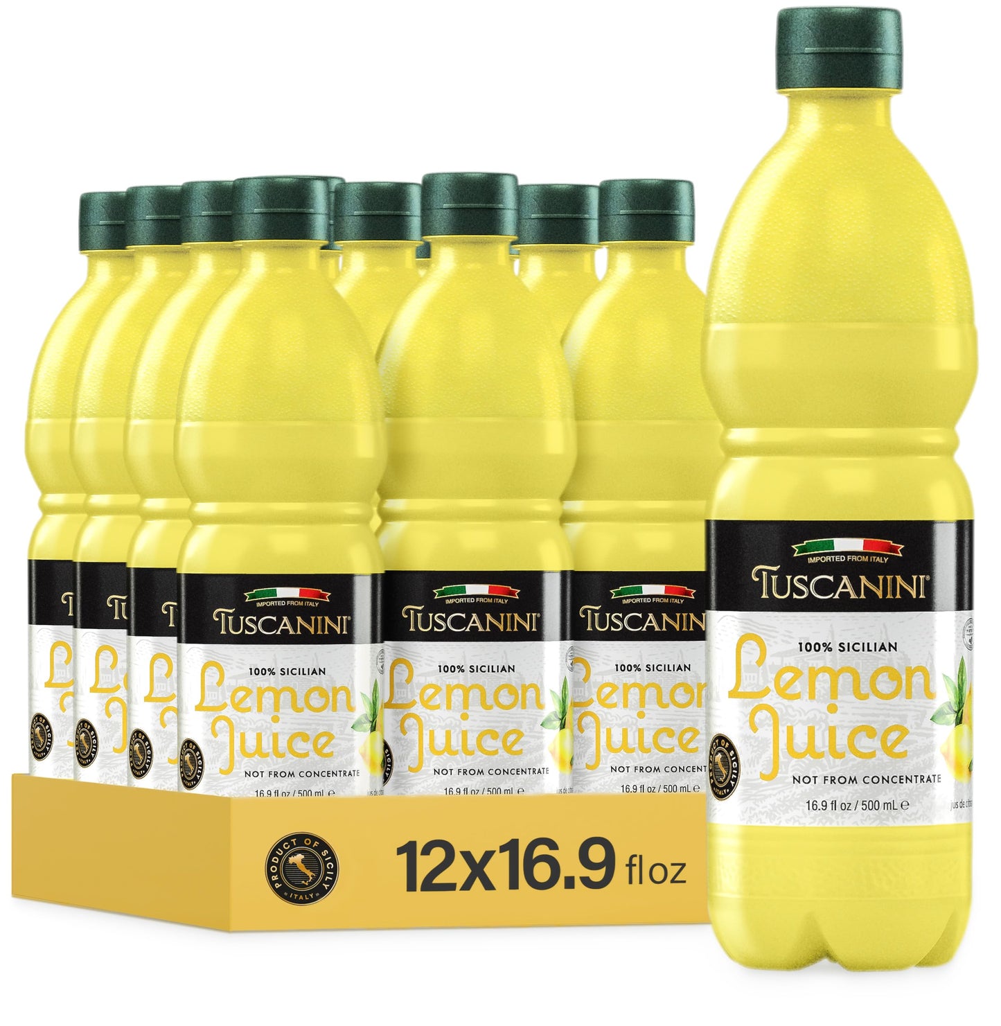 Tuscanini 100% Sicilian Lemon Juice, Not from Concentrate, 16.9oz (12 Pack), Kosher Certified, Product of Italy