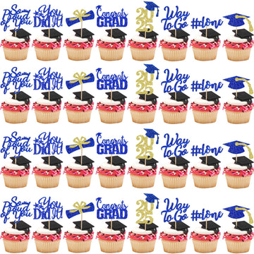 32Pcs Graduation Cupcake Toppers 2025 Blue And Gold, Congrats Grad Class Of 2025 Graduation Cupcake Toppers Picks For 2025 Party