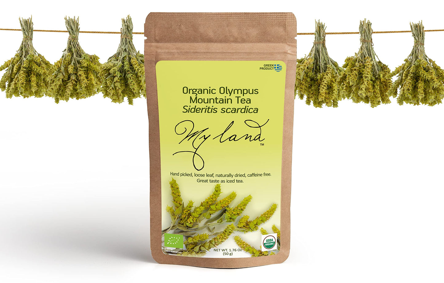 MY LAND Organic Greek Mountain Tea Loose Leaf, Handpicked, Caffeine-Free Herbal, 1.76 oz (50 g)